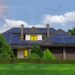 Solar panels on the roof of a beautiful house surrounded by greener